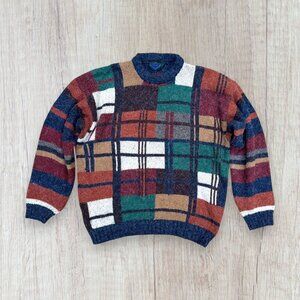 VTG Etchings Sweater Pullover Crew Neck Knit‎ Wool Chunky Thick Retro Patchwork